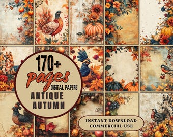 Puede incluir: Un collage de 12 papeles digitales con temas de otoño antiguo. Los papeles presentan imágenes de pájaros, calabazas, hojas y flores en colores cálidos. El texto "170+ páginas Papeles digitales Otoño antiguo" se muestra en el centro del collage. El texto "Descarga instantánea Uso comercial" se muestra en la parte inferior del collage.