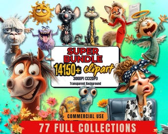14150+ Funny Cartoon Clipart Bundle – 77 Collections Quirky Animal Stickers PNG, Commercial Use