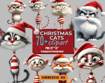 70+ Christmas Cats Clipart Bundle: Festive Santa Cat PNGs (Transparent Background, Commercial Use)