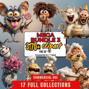 May include: A digital art bundle featuring cartoon characters such as a bat, horse, cats, a rat, a donkey, and a fox. The image includes the text "MEGA BUNDLE 3" and "3170+ clipart". The image is labelled as commercial use and includes 17 full collections.