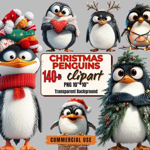 Plus de 140 cliparts de pingouins de Noël - Pingouins originaux des fêtes PNG fond transparent à usage commercial - Clipart de Noël pingouin de Noël