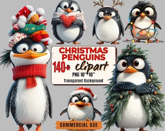 140+ Christmas Penguin Clipart Bundle: Winter Holiday PNG Graphics (Transparent Background, Commercial Use)