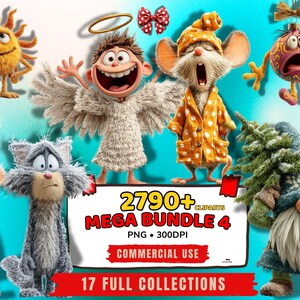 Mega Clipart Pack met meer dan 2790 afbeeldingen: 17 collecties - Bundel met eigenzinnige dieren-PNG's (voor commercieel gebruik)