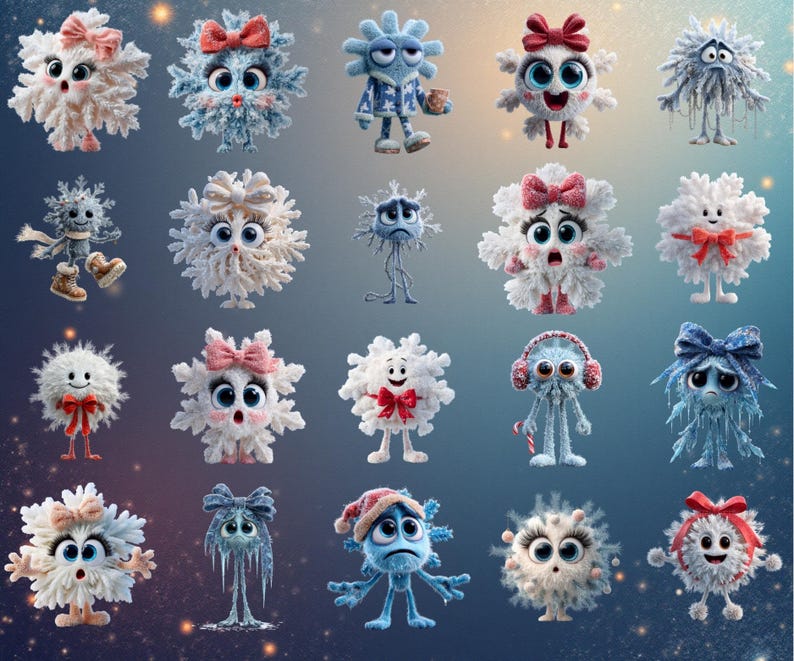 130+ funny quirky snowflakes clipart bundle featuring cute winter snowflake illustrations in high-resolution PNG format. Includes whimsical winter designs ideal for Christmas crafts, holiday cards, stickers, planners, and sublimation projects. This versatile snowflake PNG pack offers unique decorative elements perfect for DIY creators, digital projects, and print-on-demand products.