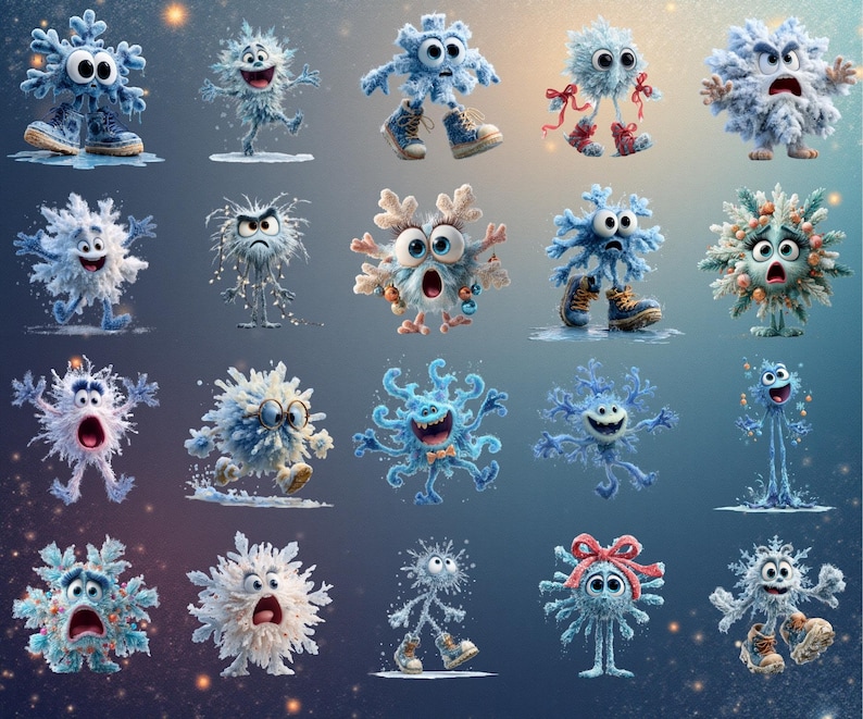 130+ funny quirky snowflakes clipart bundle featuring cute winter snowflake illustrations in high-resolution PNG format. Includes whimsical winter designs ideal for Christmas crafts, holiday cards, stickers, planners, and sublimation projects. This versatile snowflake PNG pack offers unique decorative elements perfect for DIY creators, digital projects, and print-on-demand products.