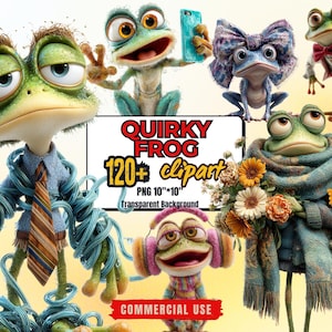 May include: A collection of whimsical frog clip art. The frogs are depicted in various outfits and poses, including one with a phone, one wearing a bow, and another with a scarf and flowers. The image includes the text "Quirky Frog 120+ clipart".