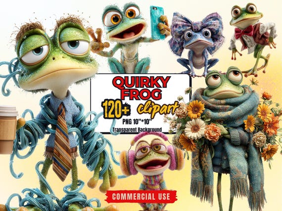 Funny Frog Clipart Bundle – 120+ Silly Cartoon Animal PNG Digital Stickers, Commercial Use