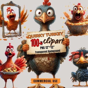 100+ Funny Thanksgiving Turkey Clipart Bundle: Whimsical Turkey PNG Stickers (Transparent Background, Commercial Use)