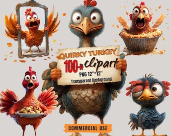 100+ Funny Thanksgiving Turkey Clipart Bundle: Whimsical Turkey PNG Stickers (Transparent Background, Commercial Use)