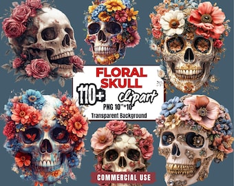 110+ Blommiga Dödskalle Clipart-paket: Gotiska PNG-klistermärken (Transparent bakgrund, kommersiellt bruk)