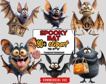 Pacchetto di divertenti clipart di pipistrelli: grafica PNG spettrale di Halloween (uso commerciale - download digitale)