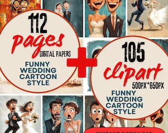 217 Elements Funny Wedding Digital Paper Background  + Matching Wedding Clipart- Cartoon Style Wedding Clipart Scrapbooking - Card Making