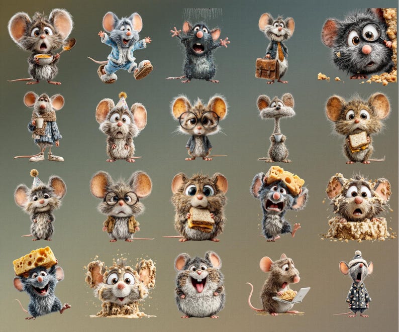 Discover 110+ Funny Quirky Mouse Clipart designs featuring adorable, silly, and cartoon-style mice perfect for creative projects. This cute mouse PNG bundle includes digital mouse art, printable mouse stickers and planner clipart ideal for POD designs, kids crafts, wall art, and scrapbooking. High-quality transparent PNGs bring playful charm to every DIY, printable, and digital creation.
