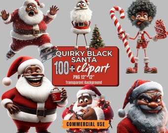 Black Santa Clipart Bundle: 100+ Quirky PNGs, Transparent Background (Digital Designs)