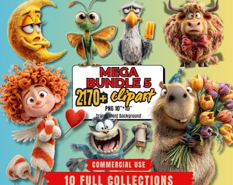 2170+ Cartoon Clipart Bundle, Quirky Animal PNGs - Funny Seasonal Designs, Stickers, Sublimation - Commercial Use