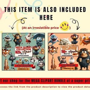 May include: Two digital clipart collections featuring quirky cartoon characters. The first collection has 3620 clipart images and the second collection has 1160 clipart images. Both collections are for commercial use.