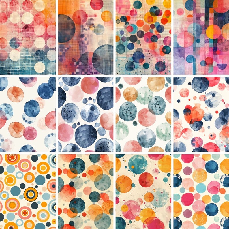 May include: A digital collage of 12 different patterns featuring colorful circles on a white background. The circles are various sizes and have a watercolor effect.
