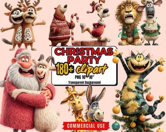 Funny Christmas Animals Clipart Bundle: Quirky Holiday PNG Graphics (Commercial Use - Digital Download)