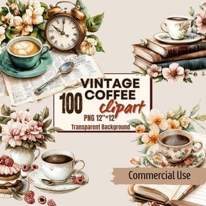 100 cafés vintage clipart PNG - Pegatinas de flores y libros de café vintage PNG Tazas de café clipart Scrapbooking vintage Cafeteras vintage