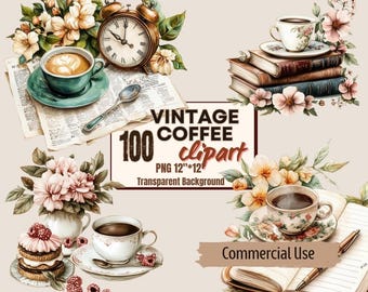 May include: Vintage coffee clipart set with 100 images. The set includes illustrations of coffee cups, flowers, books, and a clock. The images are in watercolor style and have a transparent background.  The text "Vintage Coffee Clipart" and "Commercial Use" is included in the image.