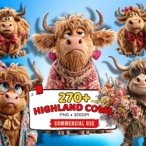 May include: A digital collection of Highland cow illustrations featuring various characters with accessories like bows, heart-shaped glasses, and floral bouquets. A central white label displays the text 270+ CLIPARTS HIGHLAND COWS PNG 300DPI.