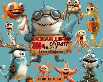 300+ Ocean Life Clipart Bundle: Whimsical Sea Creatures PNGs (Transparent Background, Commercial Use)
