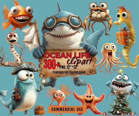 300+ Ocean Life Clipart Bundle: Whimsical Sea Creatures PNGs (Transparent Background, Commercial Use)