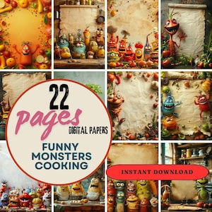 22 Funny Monsters Cooking Kitchen Digital Papers - Funny Backgrounds - Kitchen Digital Paper Cookbook Pages, Scrapbooking Card Making Recipe