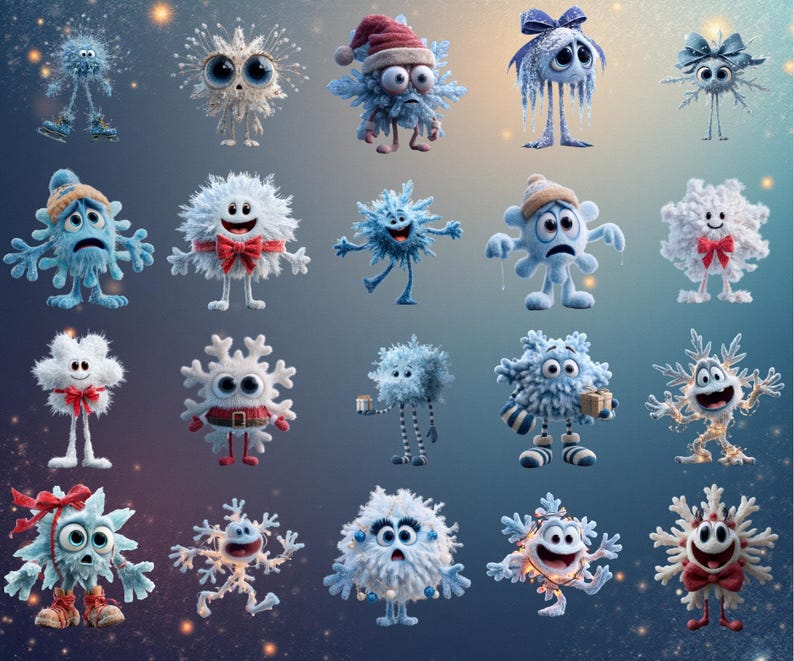 130+ funny quirky snowflakes clipart bundle featuring cute winter snowflake illustrations in high-resolution PNG format. Includes whimsical winter designs ideal for Christmas crafts, holiday cards, stickers, planners, and sublimation projects. This versatile snowflake PNG pack offers unique decorative elements perfect for DIY creators, digital projects, and print-on-demand products.
