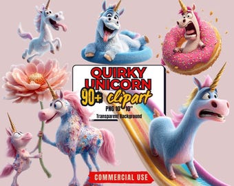 90+ Quirky Unicorn Clipart Bundle: Funny Unicorn PNGs (Commercial Use, Digital Download)