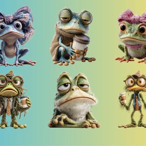 May include: A collection of six cartoon frogs with various accessories. One frog wears a large bow, another holds a coffee cup, and others sport glasses and hats. The frogs have different expressions, and some are holding coffee cups or phones.
