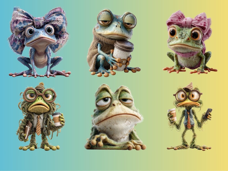 May include: A collection of six cartoon frogs with various accessories. One frog wears a large bow, another holds a coffee cup, and others sport glasses and hats. The frogs have different expressions, and some are holding coffee cups or phones.