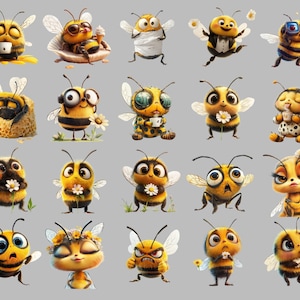 90+ funny bee clipart PNG bundle featuring quirky bumble bee stickers, cute cartoon bees, silly honeybee illustrations, whimsical bee art for scrapbooking, crafts, greeting cards, digital downloads, social media, POD & DIY projects. Transparent background, high-res 300 DPI.