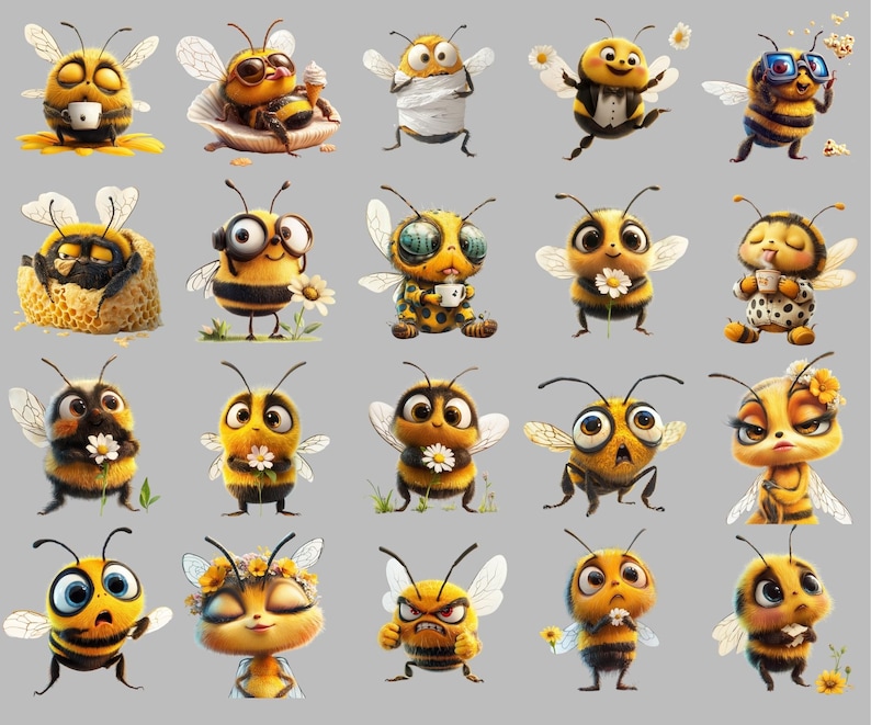 90+ funny bee clipart PNG bundle featuring quirky bumble bee stickers, cute cartoon bees, silly honeybee illustrations, whimsical bee art for scrapbooking, crafts, greeting cards, digital downloads, social media, POD & DIY projects. Transparent background, high-res 300 DPI.
