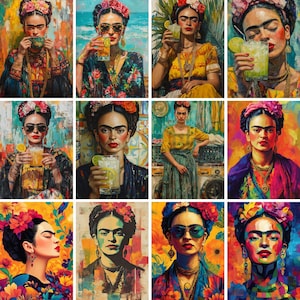May include: A collage of nine colourful paintings featuring a woman with a flower crown and a unibrow. Each painting depicts the woman in a different pose and setting, with some holding a glass of liquid.