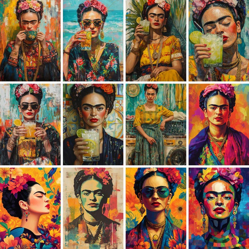 May include: A collage of nine colourful paintings featuring a woman with a flower crown and a unibrow. Each painting depicts the woman in a different pose and setting, with some holding a glass of liquid.