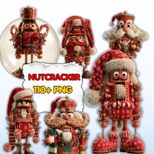 Op de afbeelding: Een verzameling van zes decoratieve notenkrakerfiguren met rood-witte kerstthema's, inclusief kerstmutsen, zuurstokken en feestelijke verlichting. De afbeelding bevat de tekst NUTCRACKER 110+ PNG in rode en gele letters op een witte achtergrond.