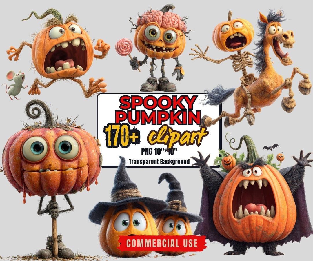 Funny Pumpkin Clipart Bundle: Spooky Halloween PNG Graphics (commercial ...