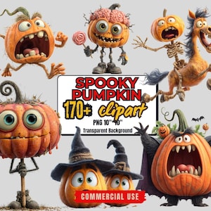 May include: A selection of cartoon pumpkins with different expressions and poses, ideal for Halloween. The image features pumpkins with open mouths, wearing witch hats, and a pumpkin-headed horse. Text on the image reads "Spooky Pumpkin 170+ Clipart".
