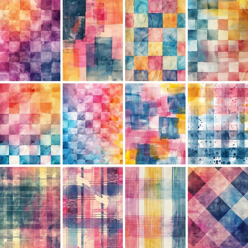 May include: A digital collage of 12 watercolor squares with various patterns and colors, including blue, pink, yellow, and orange.