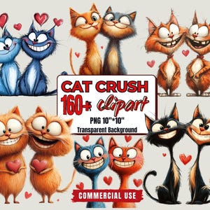 Paquete de más de 160 imágenes prediseñadas de parejas de gatos: arte de gatos de San Valentín PNG, pegatinas románticas de gatos, ilustraciones de gatos adorables y extravagantes, pegatinas para uso comercial