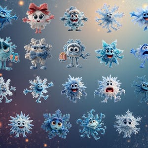 130+ funny quirky snowflakes clipart bundle featuring cute winter snowflake illustrations in high-resolution PNG format. Includes whimsical winter designs ideal for Christmas crafts, holiday cards, stickers, planners, and sublimation projects. This versatile snowflake PNG pack offers unique decorative elements perfect for DIY creators, digital projects, and print-on-demand products.