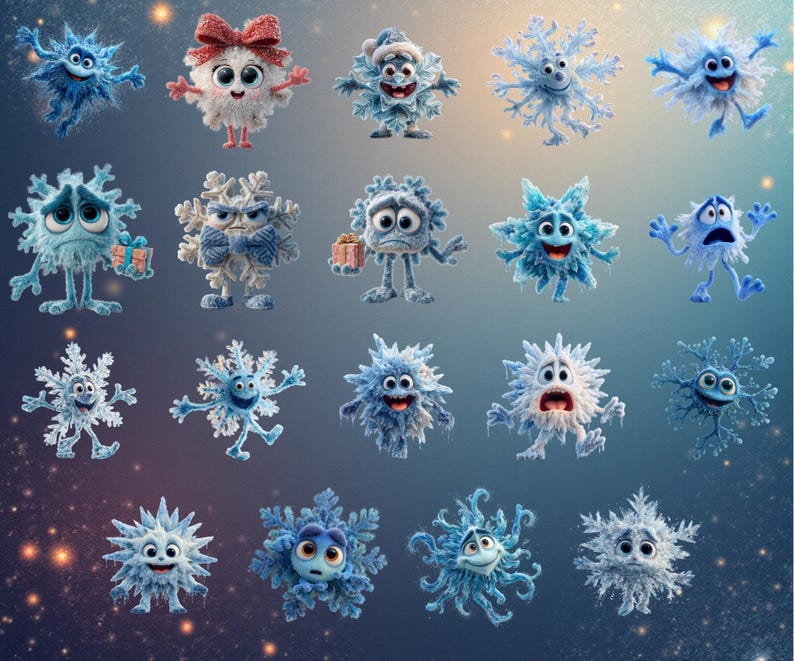 130+ funny quirky snowflakes clipart bundle featuring cute winter snowflake illustrations in high-resolution PNG format. Includes whimsical winter designs ideal for Christmas crafts, holiday cards, stickers, planners, and sublimation projects. This versatile snowflake PNG pack offers unique decorative elements perfect for DIY creators, digital projects, and print-on-demand products.