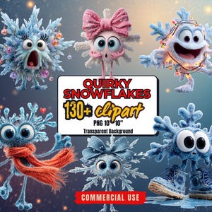 130+ funny quirky snowflakes clipart bundle featuring cute winter snowflake illustrations in high-resolution PNG format. Includes whimsical winter designs ideal for Christmas crafts, holiday cards, stickers, planners, and sublimation projects. This versatile snowflake PNG pack offers unique decorative elements perfect for DIY creators, digital projects, and print-on-demand products.