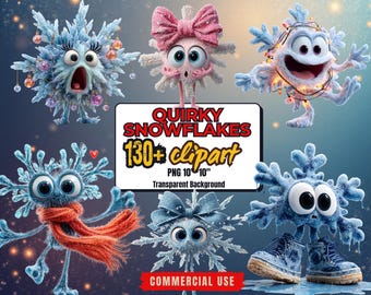130+ Funny Snowflakes Clipart Bundle: Quirky Snowflake PNG Set (Transparent Background, Commercial Use)