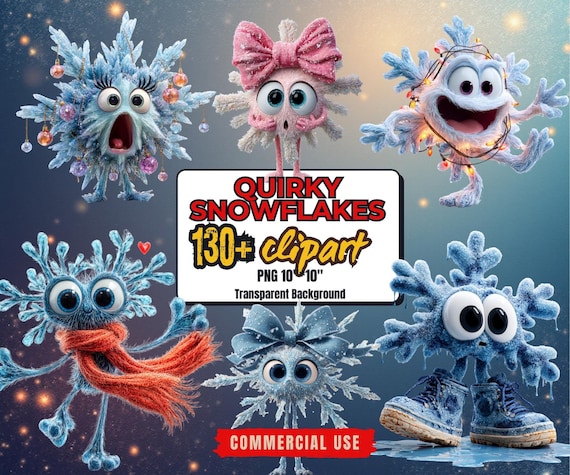 130+ Funny Snowflakes Clipart Bundle: Quirky Snowflake PNG Set (Transparent Background, Commercial Use)