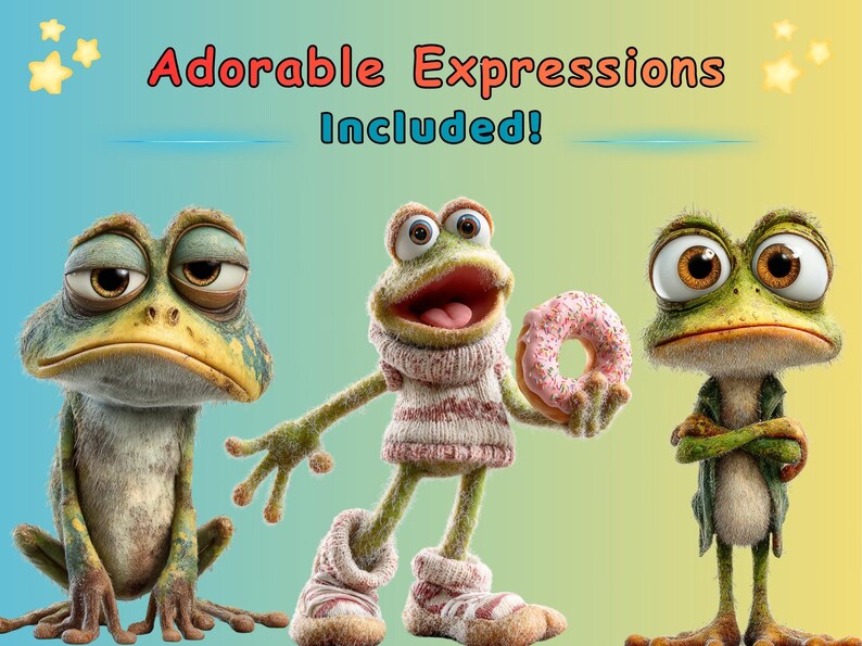 Huge frog clipart set with 120 cute and silly cartoon frogs, transparent PNG files for digital download