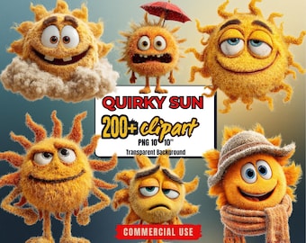 Más de 200 imágenes prediseñadas de sol divertidas: conjunto de PNG de sol peculiares (fondo transparente, uso comercial)