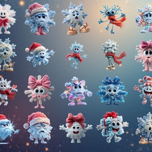130+ funny quirky snowflakes clipart bundle featuring cute winter snowflake illustrations in high-resolution PNG format. Includes whimsical winter designs ideal for Christmas crafts, holiday cards, stickers, planners, and sublimation projects. This versatile snowflake PNG pack offers unique decorative elements perfect for DIY creators, digital projects, and print-on-demand products.