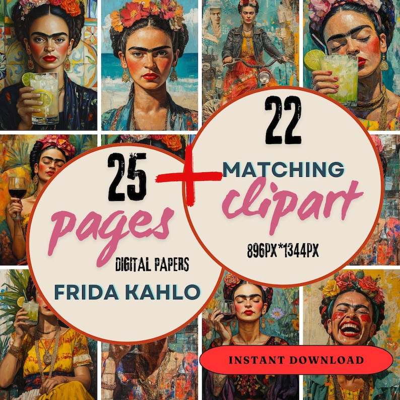 May include: A digital download of 25 Frida Kahlo themed digital papers and 22 matching clipart images. The digital papers are 896 pixels by 1344 pixels. The image features a collage of Frida Kahlo artwork.